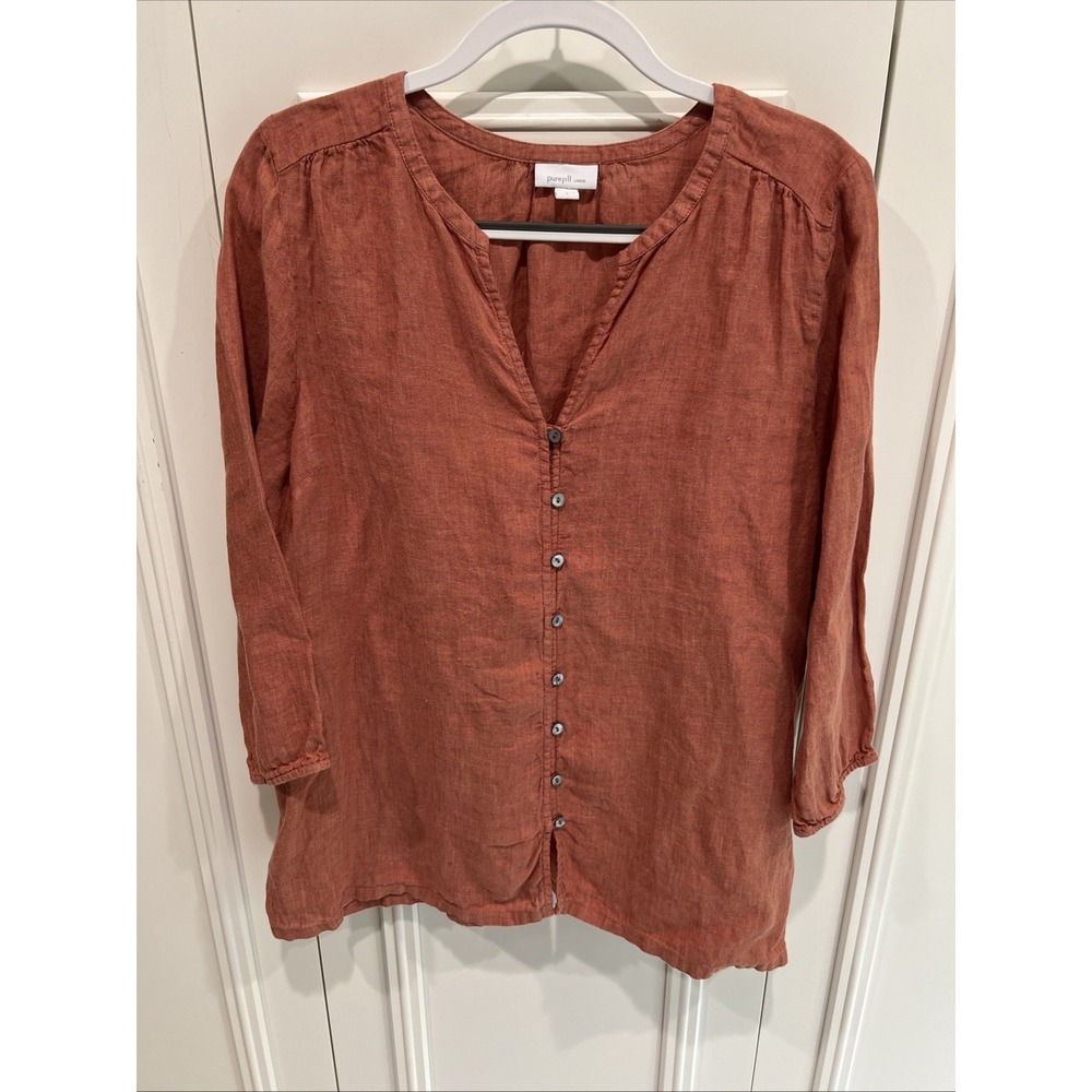 J Jill Pure Jill Linen Button Up Shirt Rust Resort Beach Lagenlook Coastal Boho